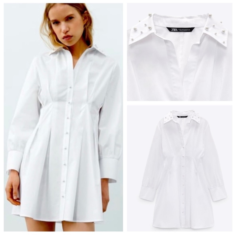 Zara White Pearl Collared Long Sleeve Shirt Dress
